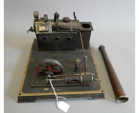 Large Doll stationary steam engine, single cylinder engine with dummy regulator, boiler on stone effect base with pressure ga