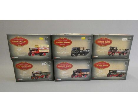 Six Corgi Vintage Glory steam wagons comprising Foden beer tank wagon, Sentinel flatbed wagon with crate load, flatbed with c