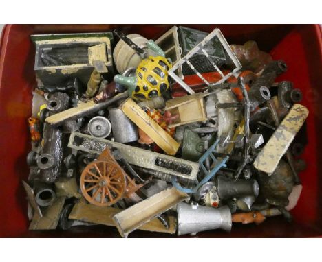 Lead Farm accessories and equipment, various scales and makers, some items damaged or have paint loss. Fair (Est. plus 24% bu