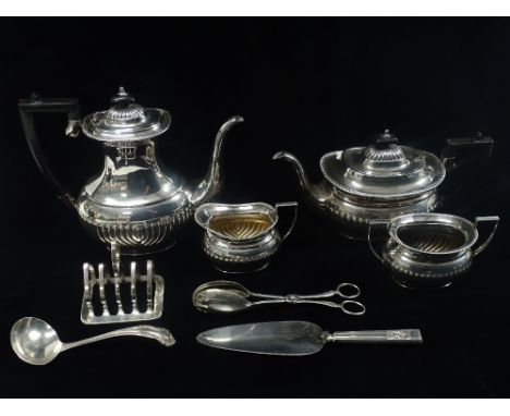 Silver Plate - A four piece gadrooned teaset, to include a teapot, a coffee pot, a milk jug, a sucrier, a four sectional toas