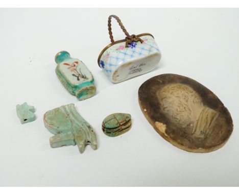 Egyptian, Grand Tour Antiquities - A collection to include three Egyptian glazed ceramic items, an oval relief miniature of a