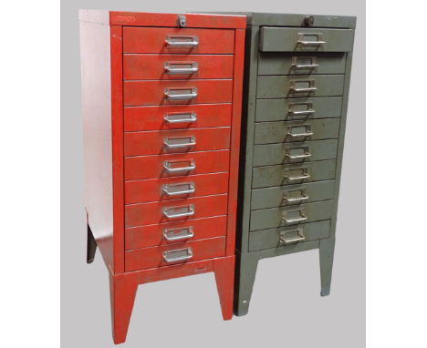 Vintage Industrial - Two floor standing flights of ten short drawers, one with a Yale lock and one with a Nown lock, each hei