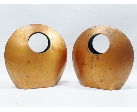 Vintage Retro - A pair of planished copper basket vases with circular cut decoration, each height 31cm, width 31cm.