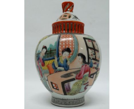 A Chinese Famille Rose Potpourri - A Republic period potpourri vase, decorated with female figures in a garden pavilion with 