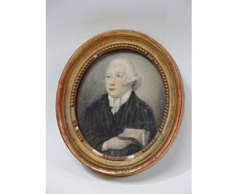 19th Century English School Portrait Of A Reverand Watercolour miniature oval Framed and glazed Picture size 10.7 x 9cm Overa