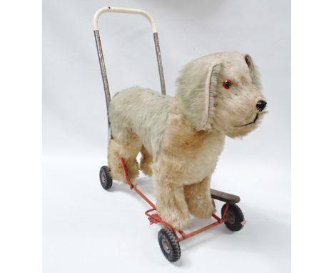 Vintage Toys - An original Lines Bros. of Ireland (Triang) ride along/push along light brown dog with beaded eyes and origina