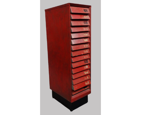 Vintage Industrial - A tall flight of fifteen short drawers with louvered fronts, height 105.5cm, width 28.5cm, depth 43cm. 