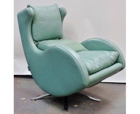 Mid Century Furniture - Fama, a light teal leather Scandinavian design upholstered armchair on five chromed spoke base with t