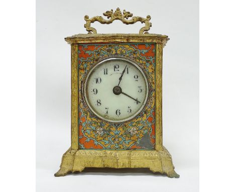 Early 20th Century Repeater Clock - A faux champleve brass cased clock with 8cm enamel dial with repeater button to top, with