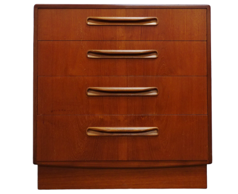 G-Plan Red - A chest of four long drawers with moulded handles and teak body, height 75.5cm, width 72cm, depth 44.4cm. 