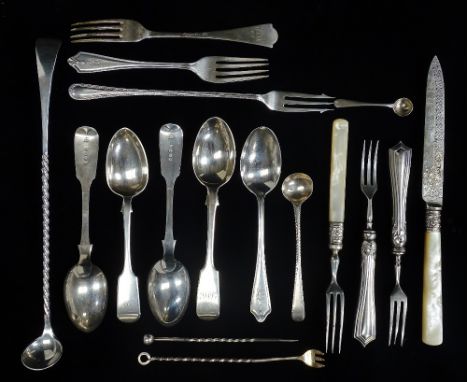 Assorted Silver - A pickle fork, Sheffield 1904, maker's mark for Henry Williamson, a shellfish fork and spike, a bright cut 