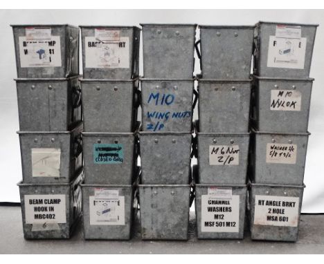 Vintage Industrial - Twenty stacking galvanished metal boxes, each height 15.5cm, width 15.1cm, length 30.5cm. 