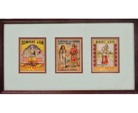 Indian Safety Matches - A triptyc mounted polychrome lithograph set of designs for Swedish matches for the Indian market, 'Oo