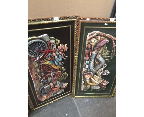 two large modern relief pictures depicting traveller and two men on tandem 