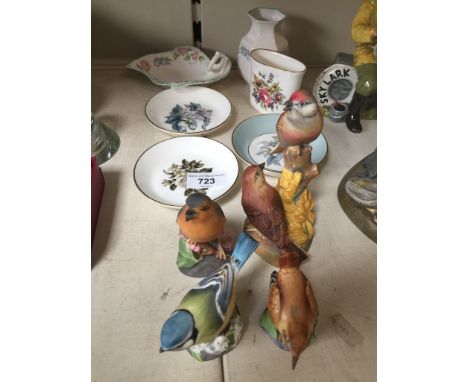 Royal Worcester - double linnet birds, 3 other birds, and 6 pieces of china 