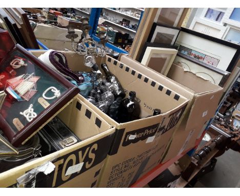 3 boxes of misc. to include old glass bottles, brassware, ceramics, poker chip set, photo frames, glass jars, a knot display 