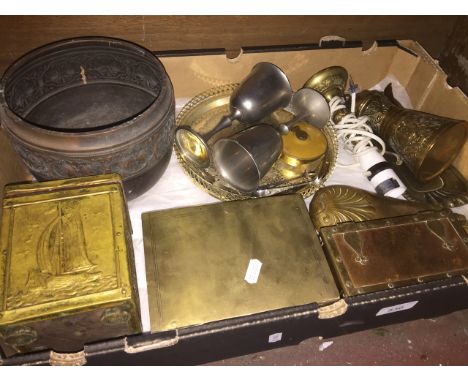 A box of brass and copper ware inc tea caddy, shot flasks, etc. 