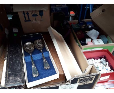 A canteen of cutlery, epns salad servers, bread knife, glass lamp shades (6) and 2 boxes of thimbles 