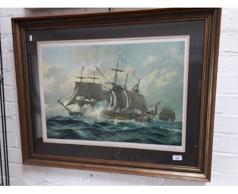 A K. Jepson, signed prpint of a galleon sea battle, signed in pencil lower right, 47cm x 66cm, framed and glazed. 