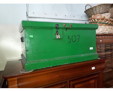 A green painted vintage pine trunk with handles 