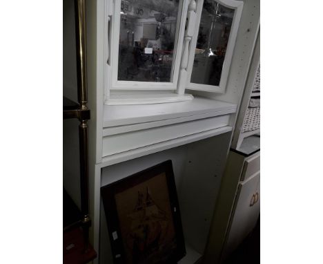 A pair of white bookcases, a dressing table triple mirror, a dressing table stool and a tapestry picture fire screen 