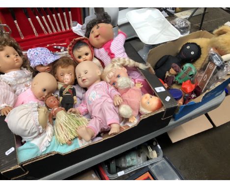 Two boxes of dolls, teddies, etc including Cabbage Patch, Zapf creations Baby Annabels, Punch &amp; Judy, etc. 