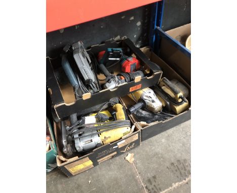3 boxes containing B&amp;D circular saw, 2 cordless drills (Makita and Dewalt) 2 grinders, planer, belt sander, electric dril