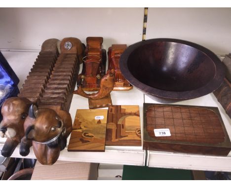 A collection of treen to include vintage motor vehicles, CD racks in form of cat and dog, bowl, and brass inlaid box etc 