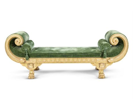A GILTWOOD 'PAVILION' DAYBED MODERN, IN THE REGENCY STYLE, BY ENGLISH GEORGIAN With green velvet upholstery, the raised ends 