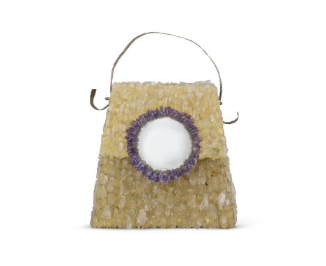 A GILT METAL, QUARTZ, AMETHYST AND MIRRORED 'AFTER HERMES KELLY BAG' WALL LIGHT  IN STYLE OF ENZO MISSONI, CIRCA 1970s,  Bear