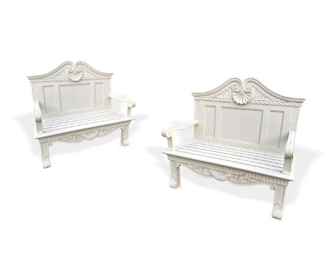 A PAIR OF GREY PAINTED GARDEN BENCHES MODERN, IN THE MANNER OF WILLIAM KENT121cm high, 138cm wide, 62cm deep   Condition Repo
