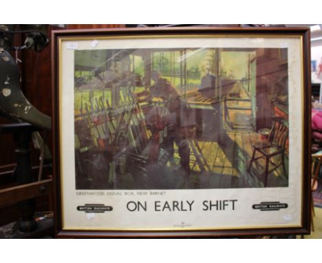 Five loose reproduction/facsimile posters, rail/travel/underground, together with a framed British Railways 'On Early Shift' 