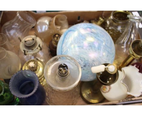 One box containing oil lamp bases, chimneys and shades plus candlesticks (1)