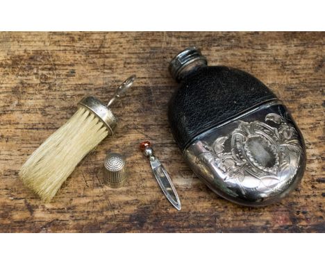  A Charles Horner silver thimble, Chester and a CH silver bookmark, Chester 1938; together with a silver mounted collar brush