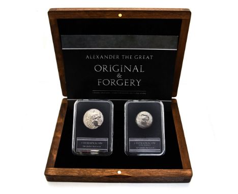 Greece - Alexandra the Great original and forgery set of two coins; a Tetradrachm 320-200 BC Mint Thracian obverse, portrait 