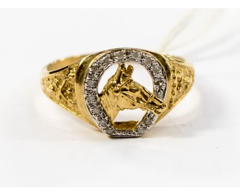 Horse interest, a gentlemans 9ct gold ring, with horse head, surrounded by horseshoe with approx 14 small diamonds, approx we