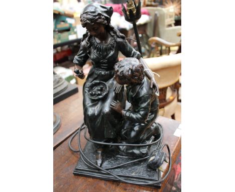 A painted spelter lamp base, boy and girl with a basket of chicks 
