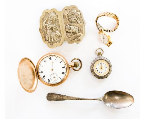 A silver ladies hunter, engine turned and enamelled decoration, with a ladies wristwatch, a silver teaspoon, a white metal be