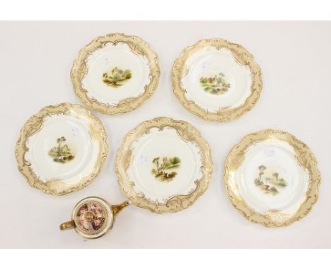 A set of five 19th century Staffordshire hand painted plates with topographical scenes, together with a small Spode Imari tea