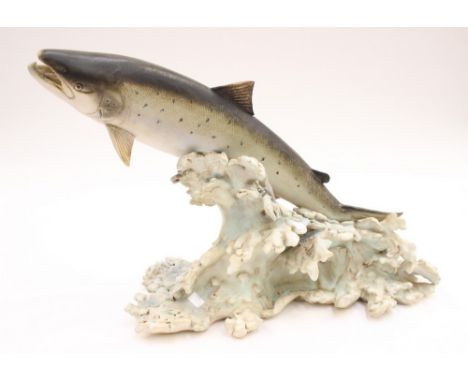 Neil Dalrymple large ceramic sculpture of a salmon on waves, signed to base, (1) Note: Similar to the Neil Dalrymple sculptur