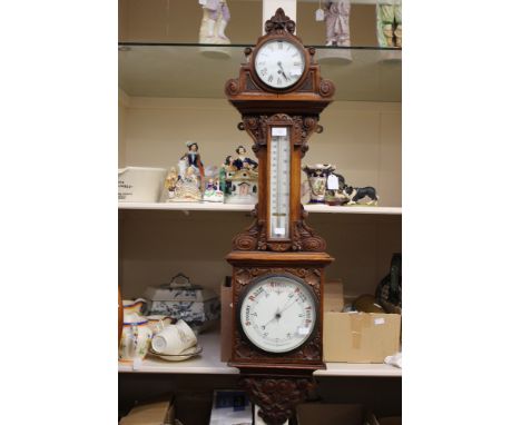 An oak cased clock, barometer, thermometer, Mercury thermometer (1) 