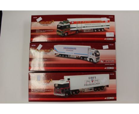 Corgi Hauliers of Renown boxed Fridge wagons CC14013 HE Payne Volvo, CC14028 J. Richardson Volco, CC14802 Gibbs Scania (3) 