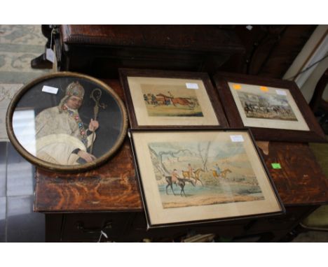 Collection of pictures, comprising: An unusual 19th-century portrait of a bishop, with silk/embroidery detail, painted face a