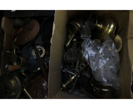 Two boxes of assorted brassware, including candlesticks, bowls, copper ware, lamp 