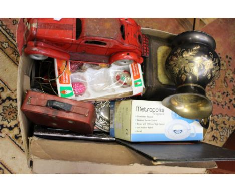 A collectors lot to include small miners lamp, vintage games, a tin plate 'Mystery Car', vintage items, silver plate, tins, e