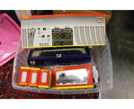 A container of Hornby 00/H0 guage model railway equipment, to include R2026D GWR 0-4-2T, wagons, track pack, buildings, all b