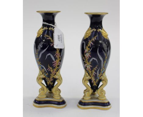 A pair of English porcelain vases with enamel flower detailing, possibly Minton together with double ink well (3)