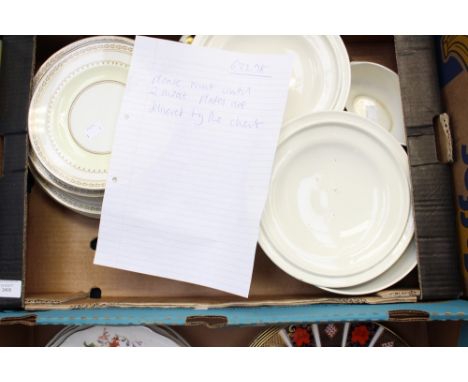 A Ridgways earthenware, six piece dinner service, cream ground with wheatsheaf banding on border, gilt edges, comprising six 