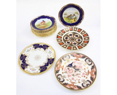 A Royal Crown Derby 1128 pattern dinner plate, a similar 383 pattern, a Coalport plate, a set of six 'Cheddar Pink' hand pain