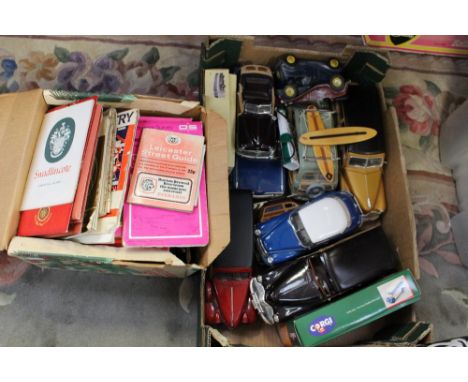 A collection of model cars to include Corgi diecast vehicles; together with a box of maps (two boxes) 